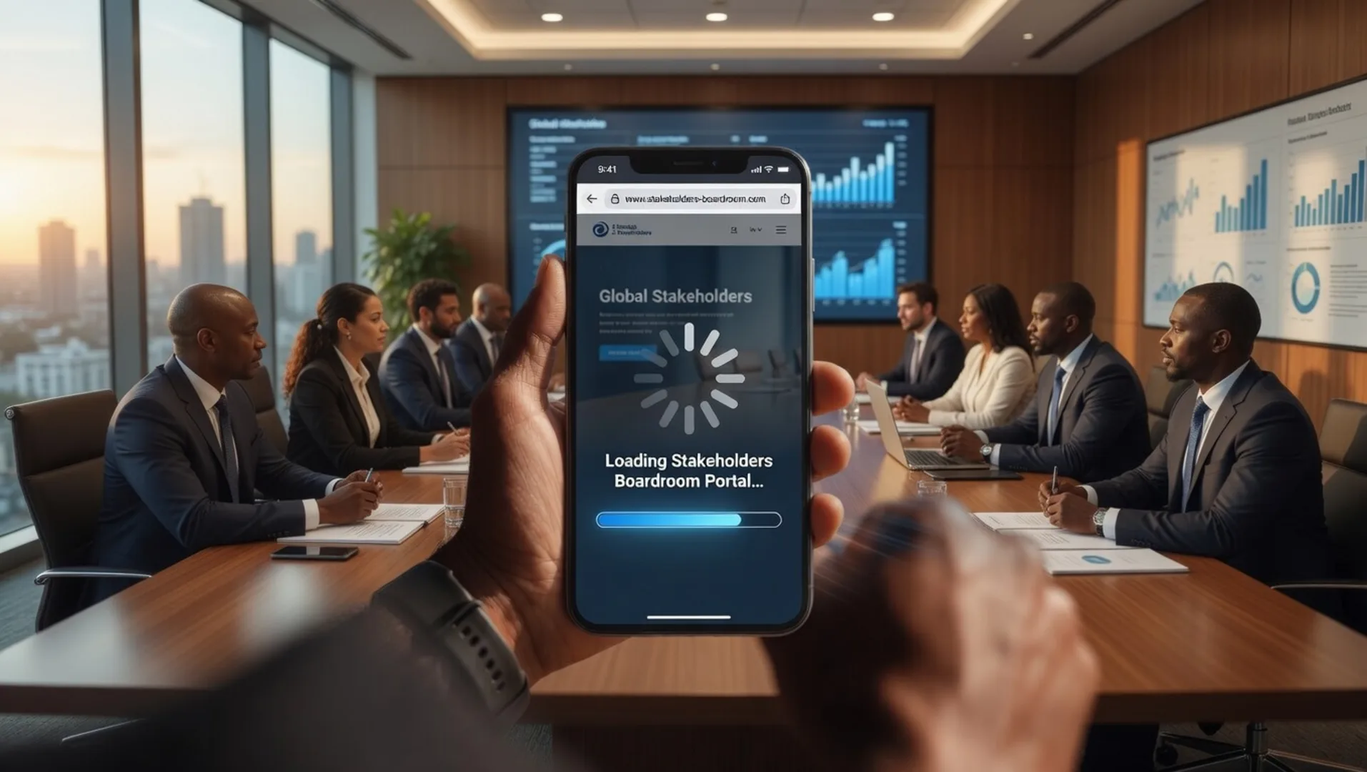 Boardroom of executives waiting while a slow corporate website loads on a phone
