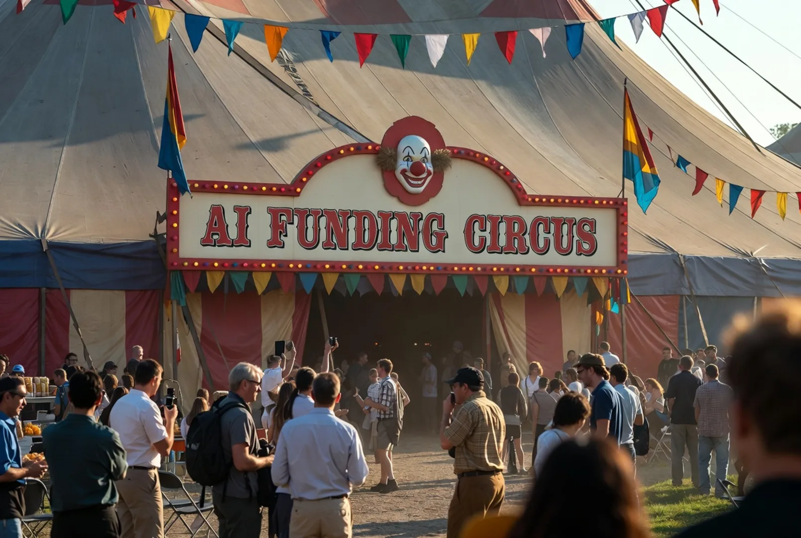 Circus tent marquee reading AI Funding Circus with a clown face above the entrance and a crowd gathered outside, a metaphor for the 2026 AI investment frenzy