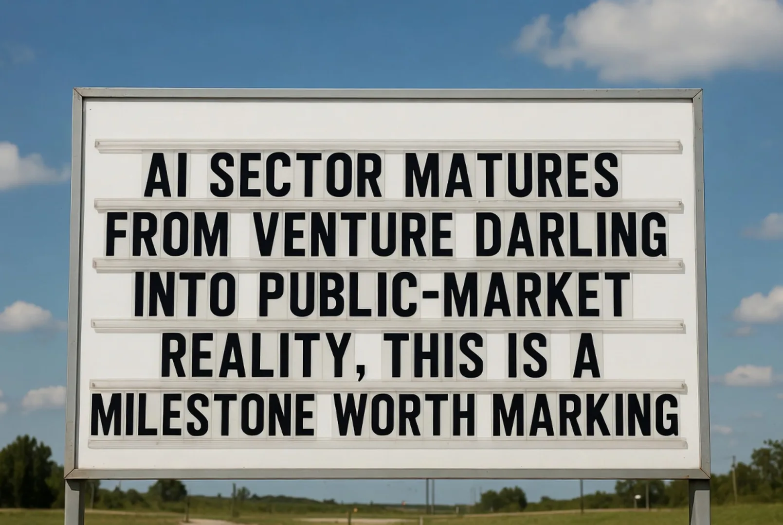 Roadside letter-board sign against a blue sky reading: AI sector matures from venture darling into public-market reality, this is a milestone worth marking