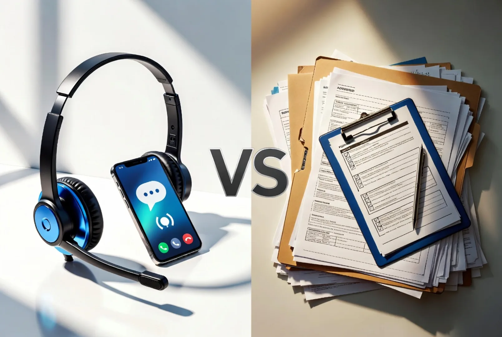 Headset beside a smartphone showing a live call interface on the left, and a stack of paperwork with a clipboard on the right, separated by a large VS label, illustrating human phone support versus self-serve registrar paperwork