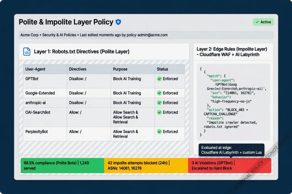 Layered policy controls for AI research agents, showing robots.txt and llms.txt boundary checks before web fetching