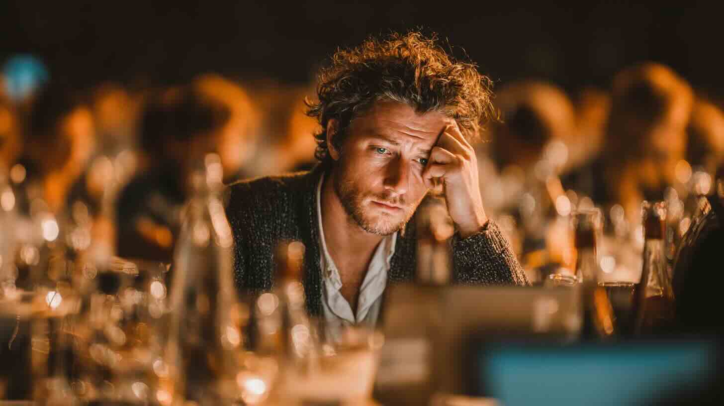 Stressed business owner looking at a computer screen showing security alerts and monitoring dashboards